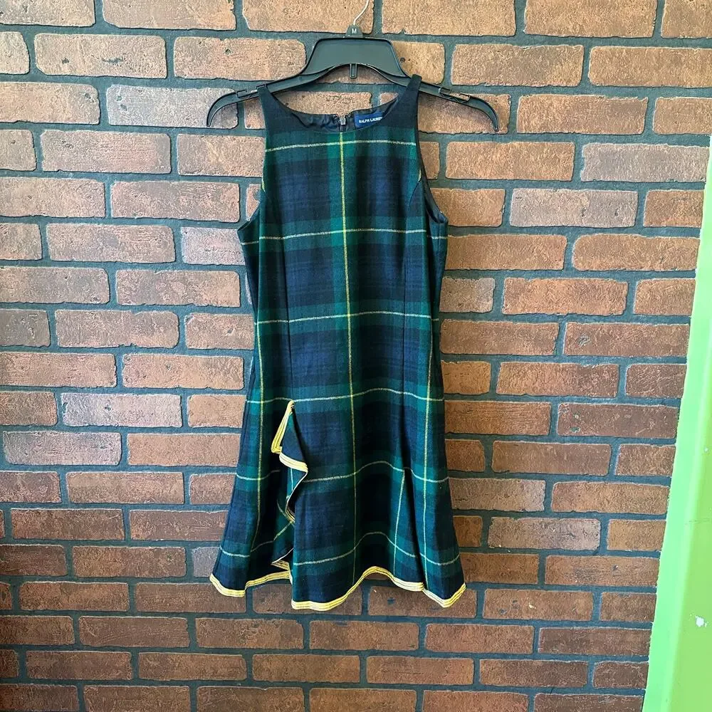 Ralph Lauren Green Plaid Wool Blend Dress - Size 14 New With Tags Winter Formal